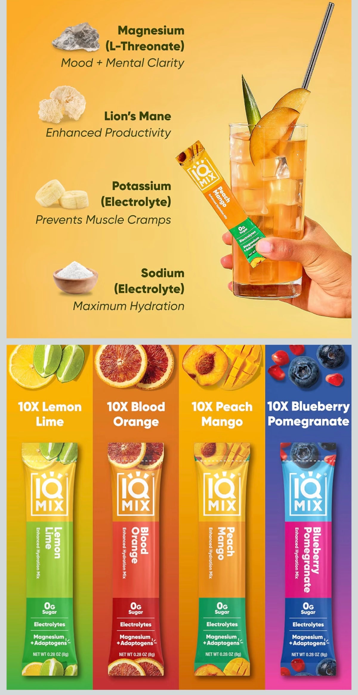 IQMIX Hydration Electrolytes Powder Packets, Variety 40-Count
Sugar Free Drink Mix Sticks | Magnesium L Threonate, Potassium, Sodium, Lion's Mane, Keto, Clean Label Project Certified 40-sticks