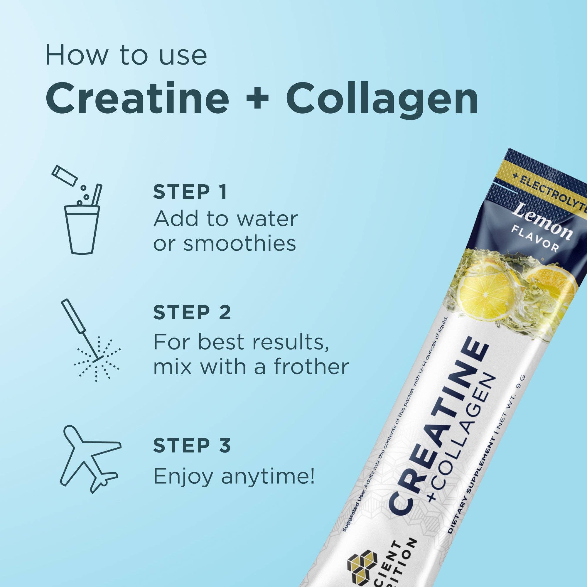 Creatine + Collagen + Electrolytes Stick Packs | Powder Lemon (14 Servings)