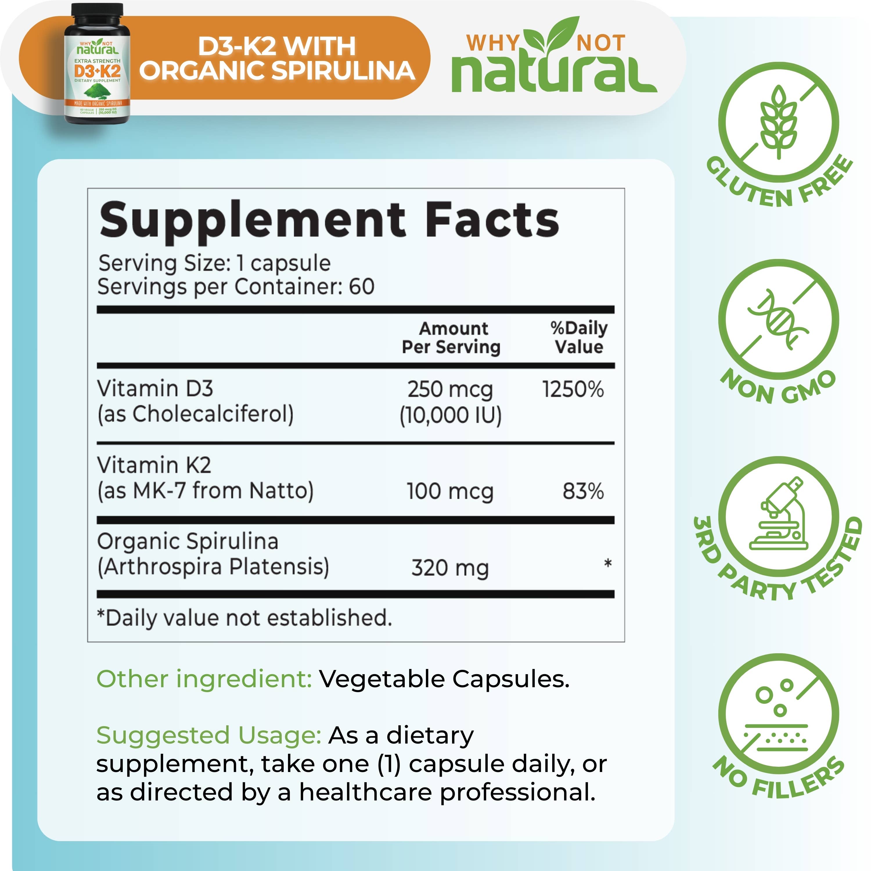 Vitamin D3 K2 (MK-7) with Organic Spirulina