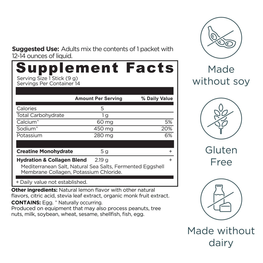Creatine + Collagen + Electrolytes Stick Packs | Powder Lemon (14 Servings)