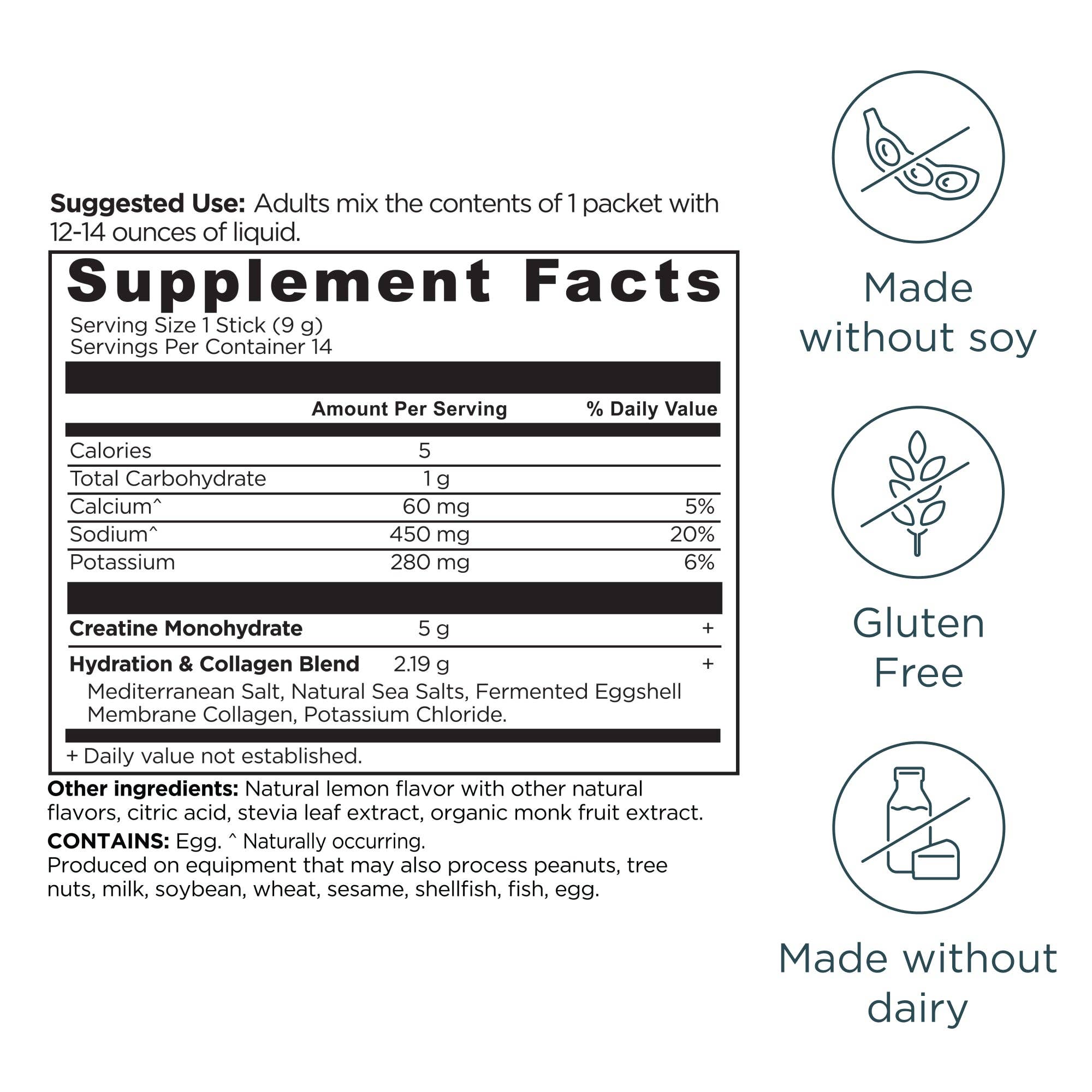 Creatine + Collagen + Electrolytes Stick Packs | Powder Lemon (14 Servings)